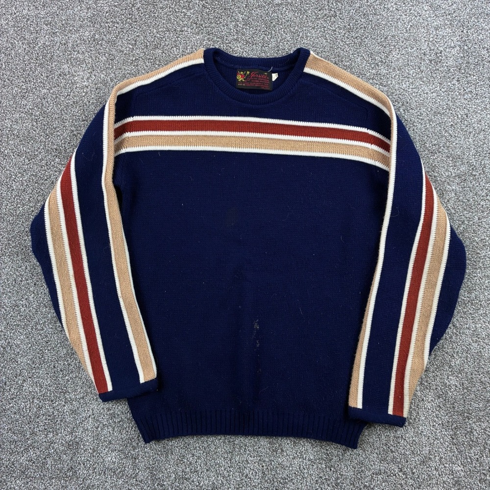 Vintage Jersild Sweater Mens Medium Tall Blue Orlon Acrylic Knit Striped